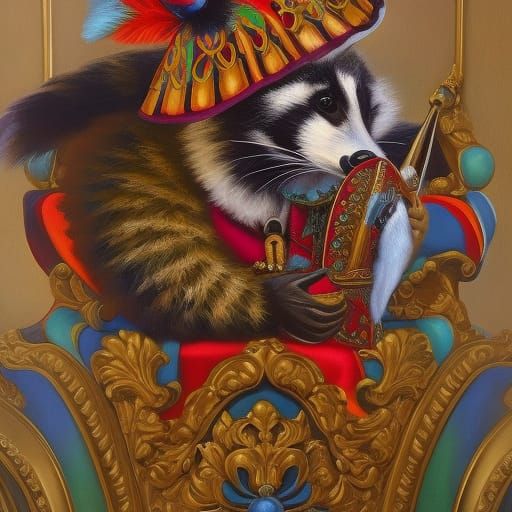 Raccoon Court Jester in Baroque Oil Painting
