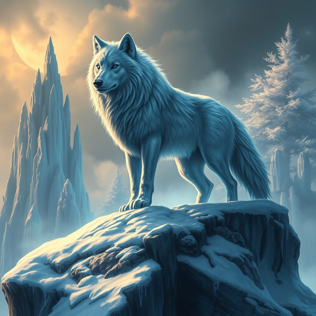 Majestic Ice Wolf in a Frosty, Ancient Ruin Scene