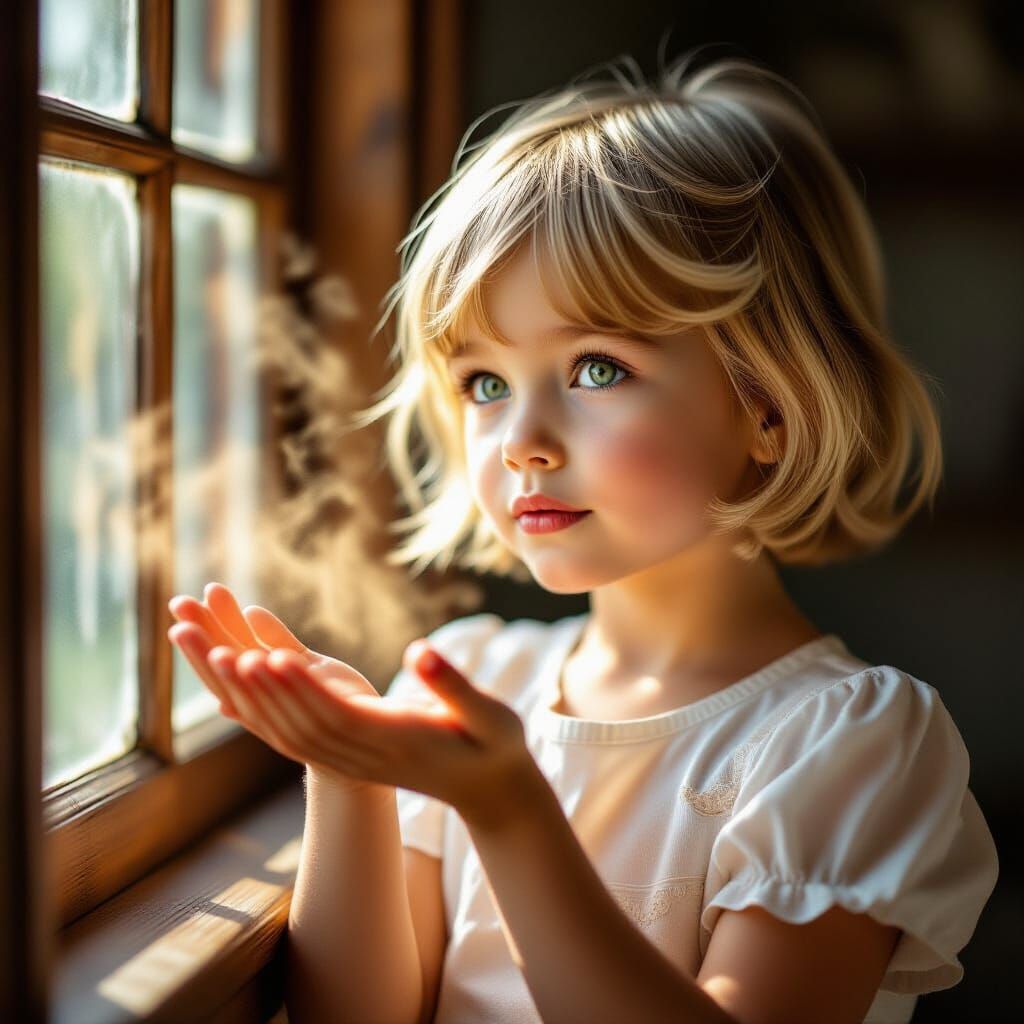 Girl Blowing Dust in Sunlit Room, Hyper-Detailed Photography