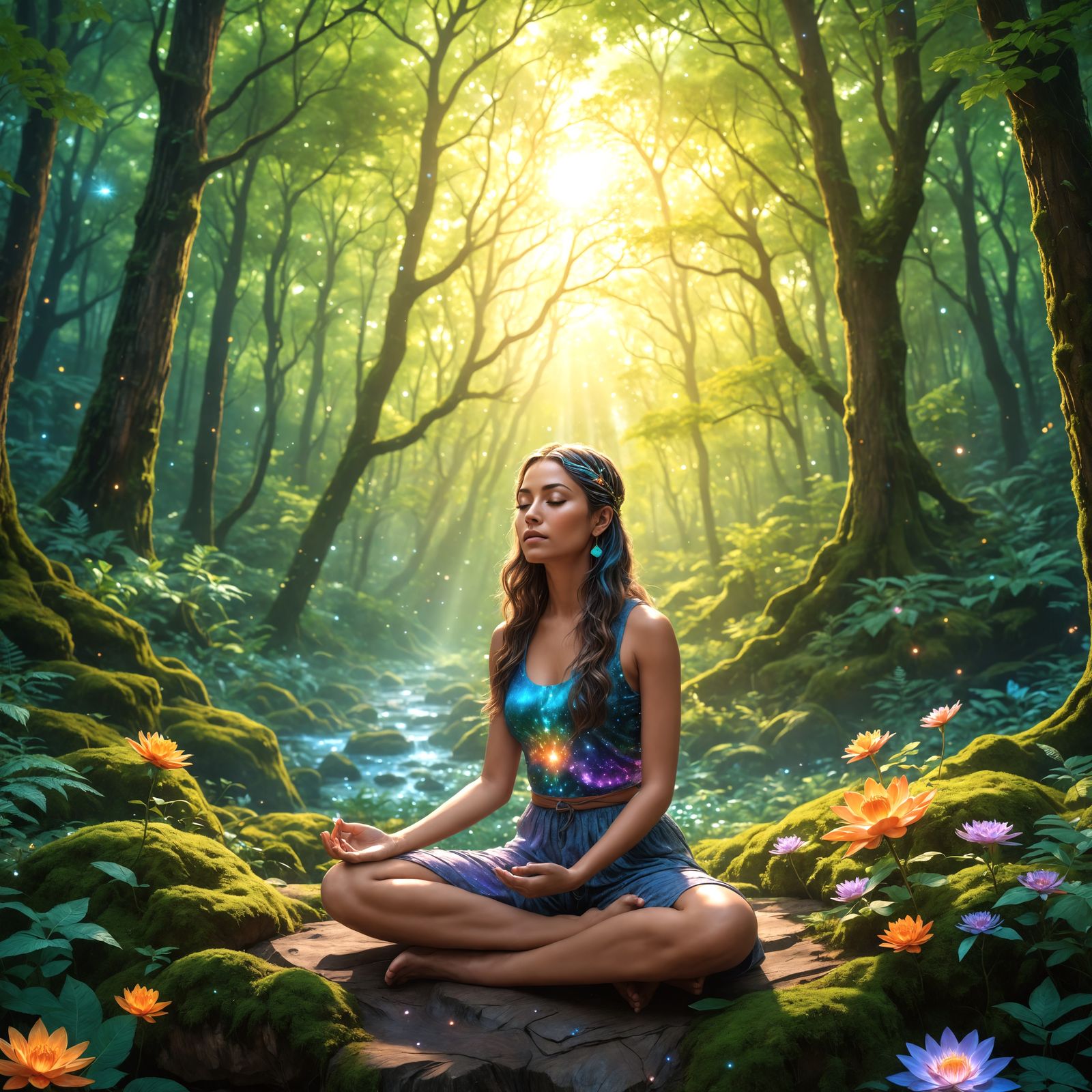 Serene Meditation: Holographic Astral Forest Illustration