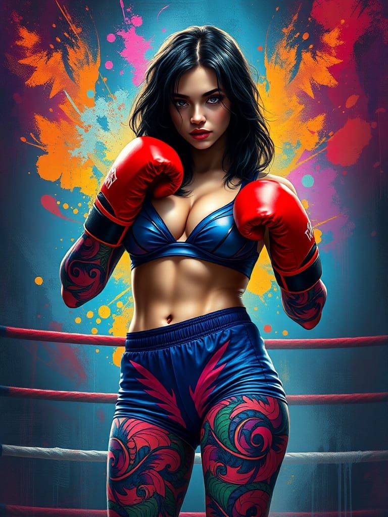 Toned Female Boxer with Tattoos in Graffiti Style