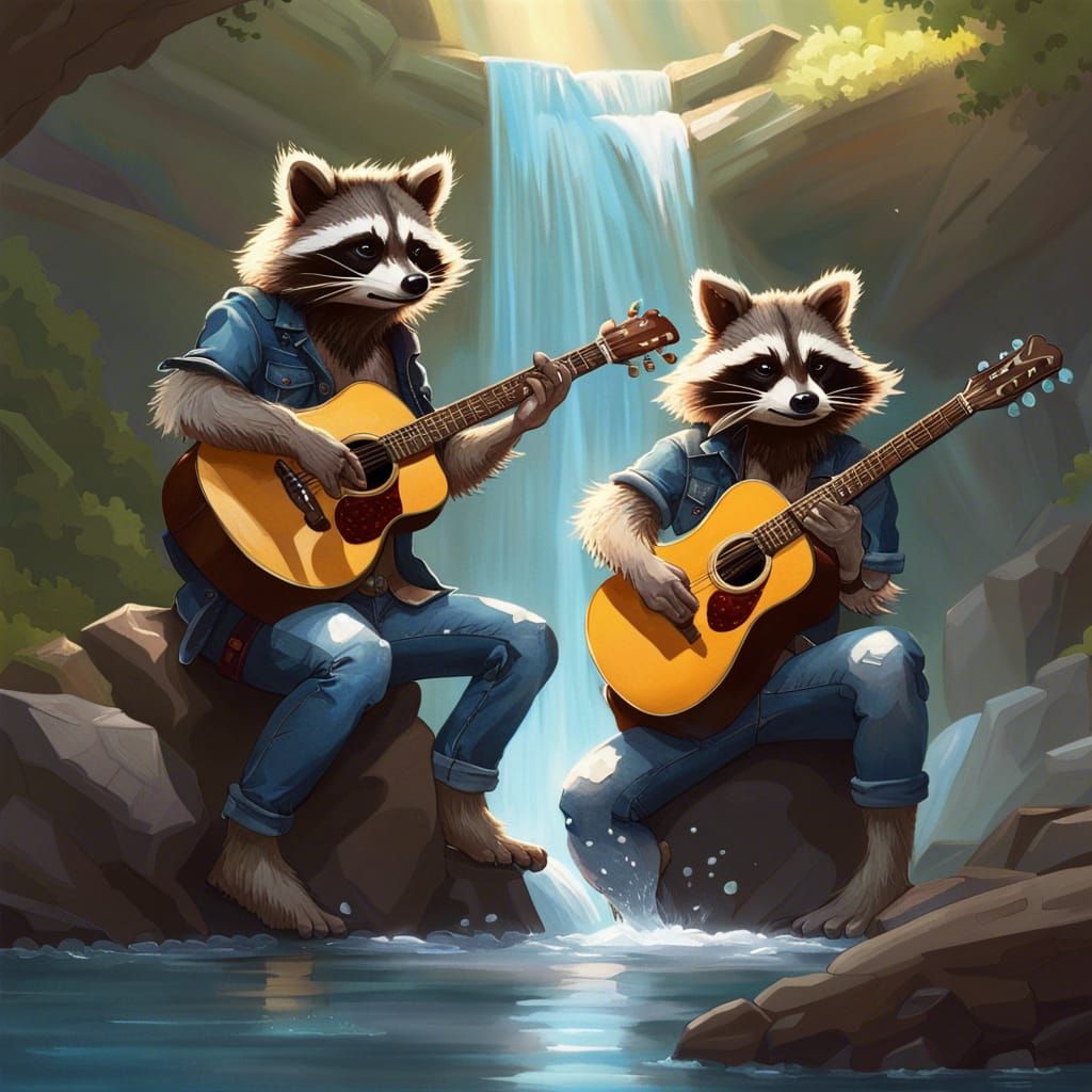 Raccoons Playing Guitar Under Waterfall, Ultra-Realistic Art