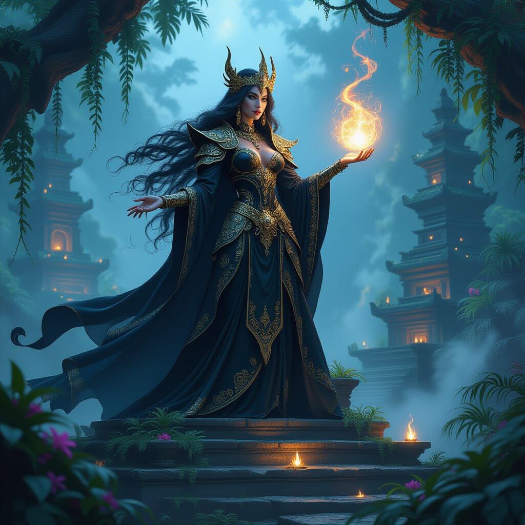 Majestic Sorceress Summons Spirits in Dark Fantasy Style
