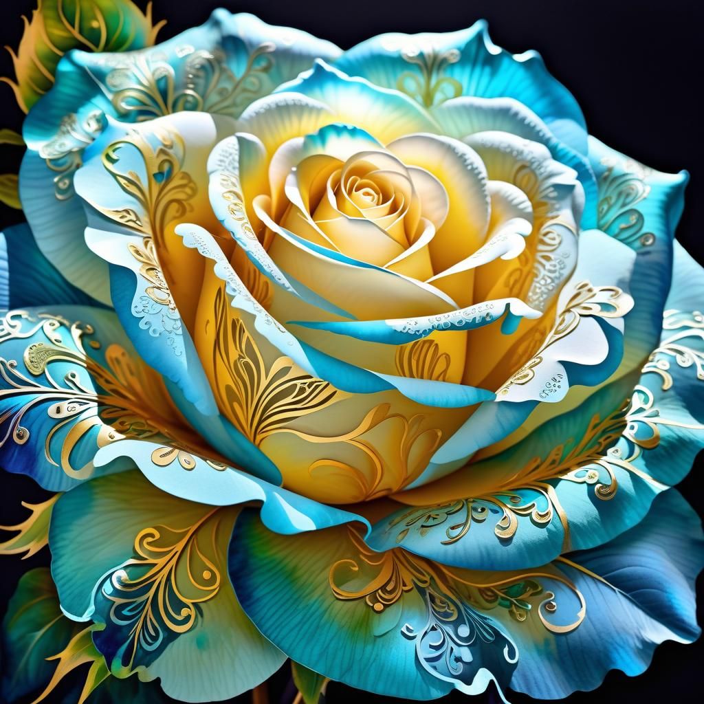 Tiffany Blue Rose with Dew, Watercolor Art