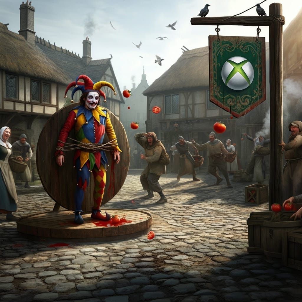 Medieval Town Square Jester Tomato Toss Digital Painting