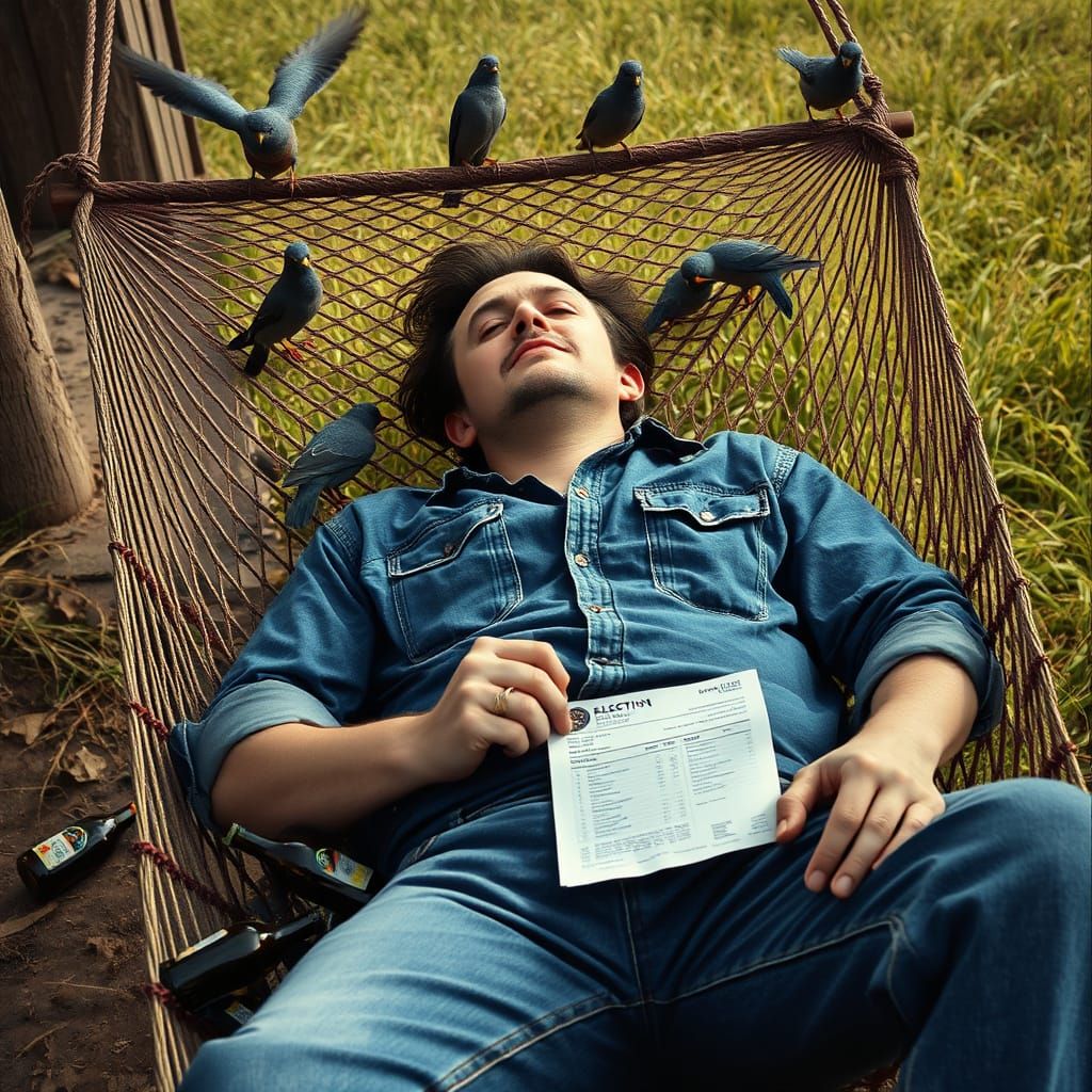 Man in Hammock Amidst Beer Bottles and Birds, in Rural Reali...