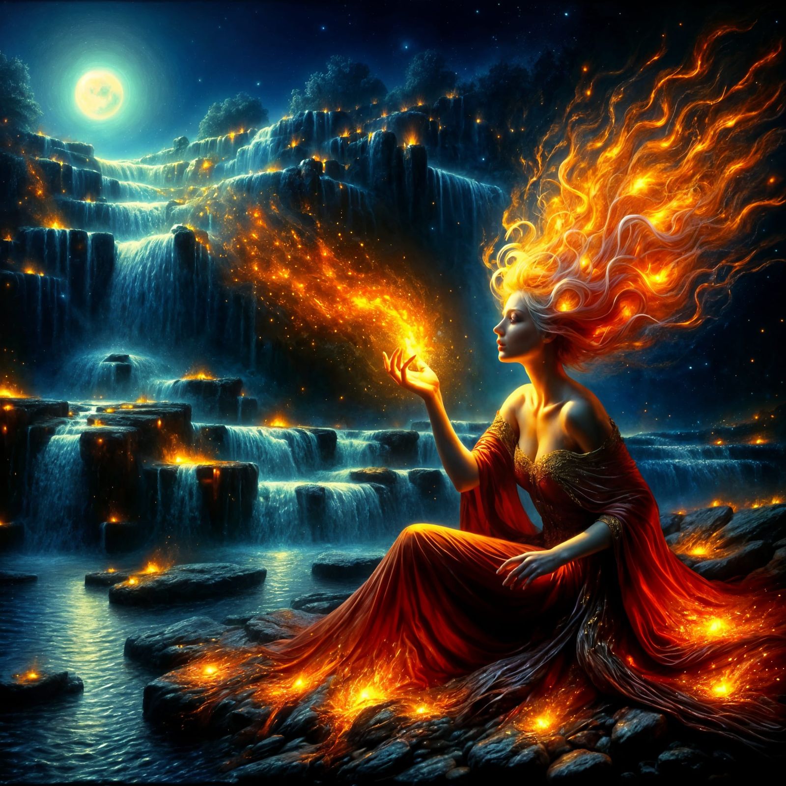 Ethereal Sorceress Illuminated by Moonlit Waterfall