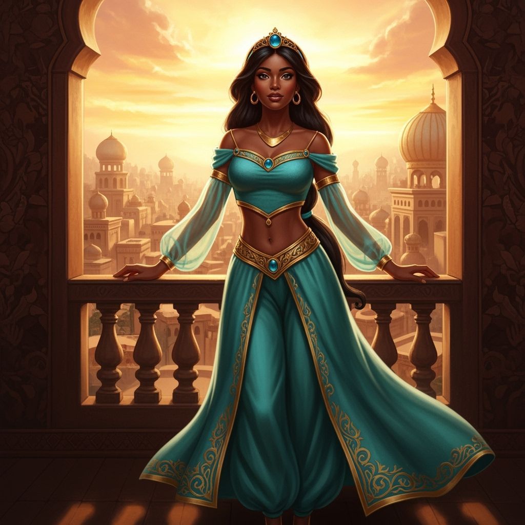 African Princess in Teal Outfit Overlooking Desert City at S...