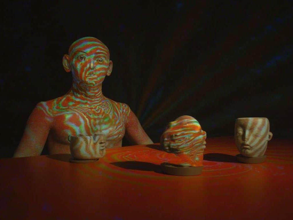 Surreal Four-Faced Man in Psychedelic Light Painting Style