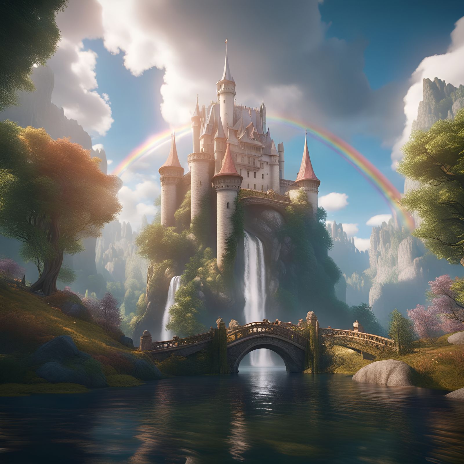 Floating Castle with Rainbow Bridge, 3D Render