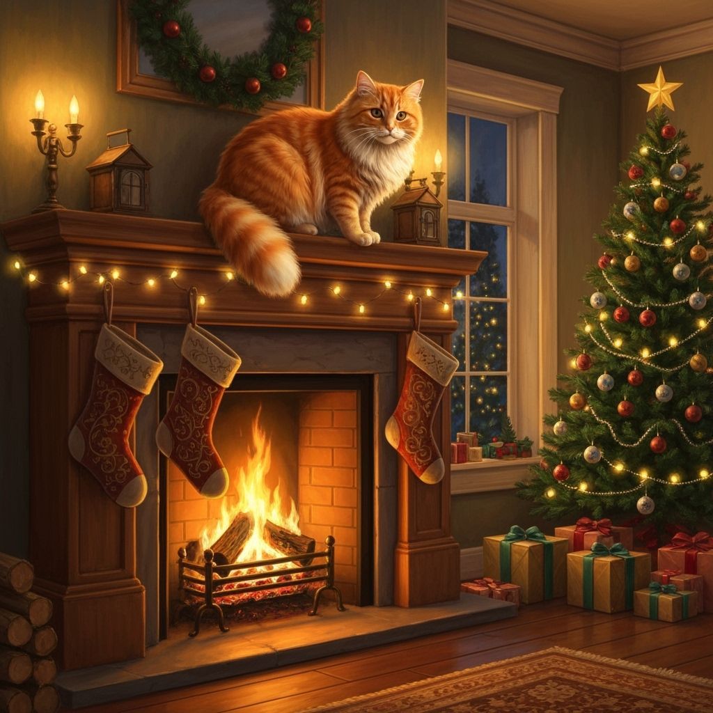 Cozy Christmas Room With Orange Cat on Mantel