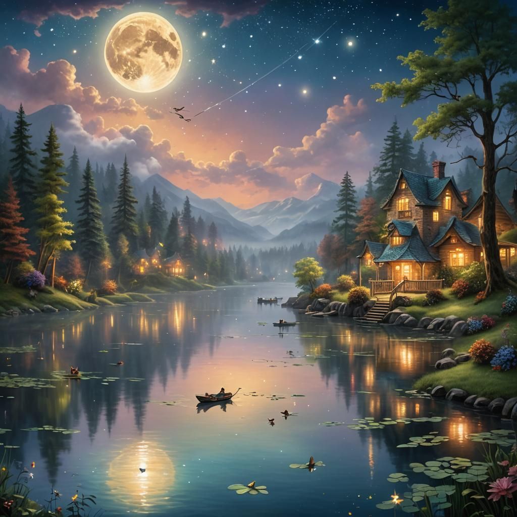 Ethereal Fireflies Under Moonlit Sky in Fairy Realm
