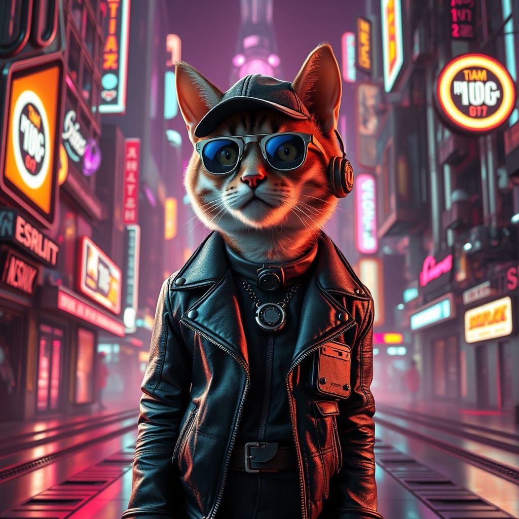Retro-Futuristic Cat in Neon Cityscape