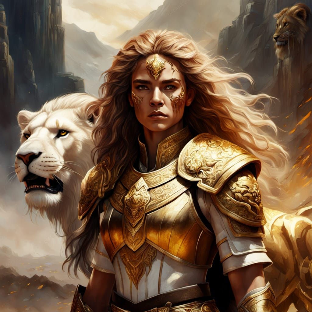 Fantasy Warrior Confronts Regal Lion in Golden Light