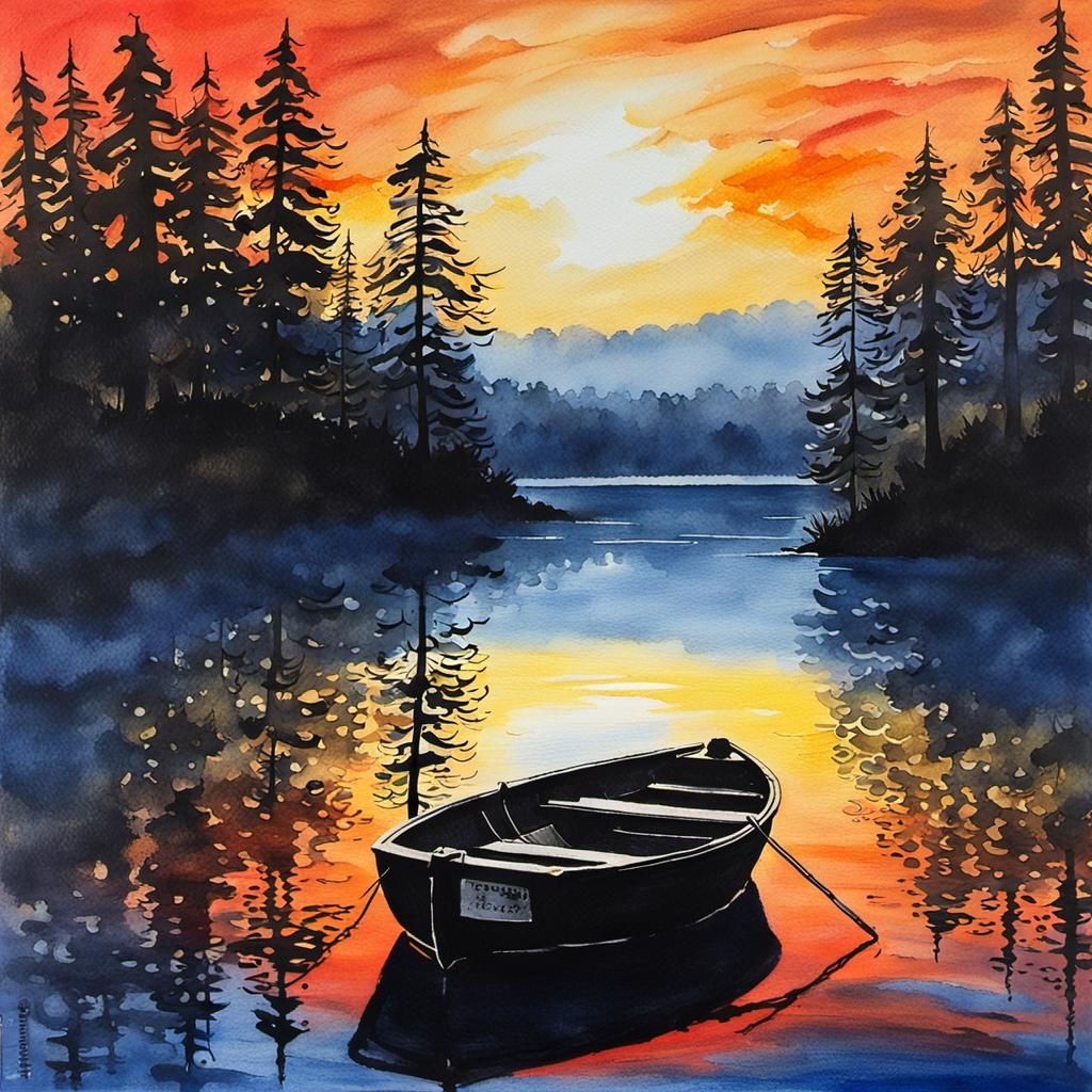 Moored Boat Silhouette at Sunset, Gouache Style