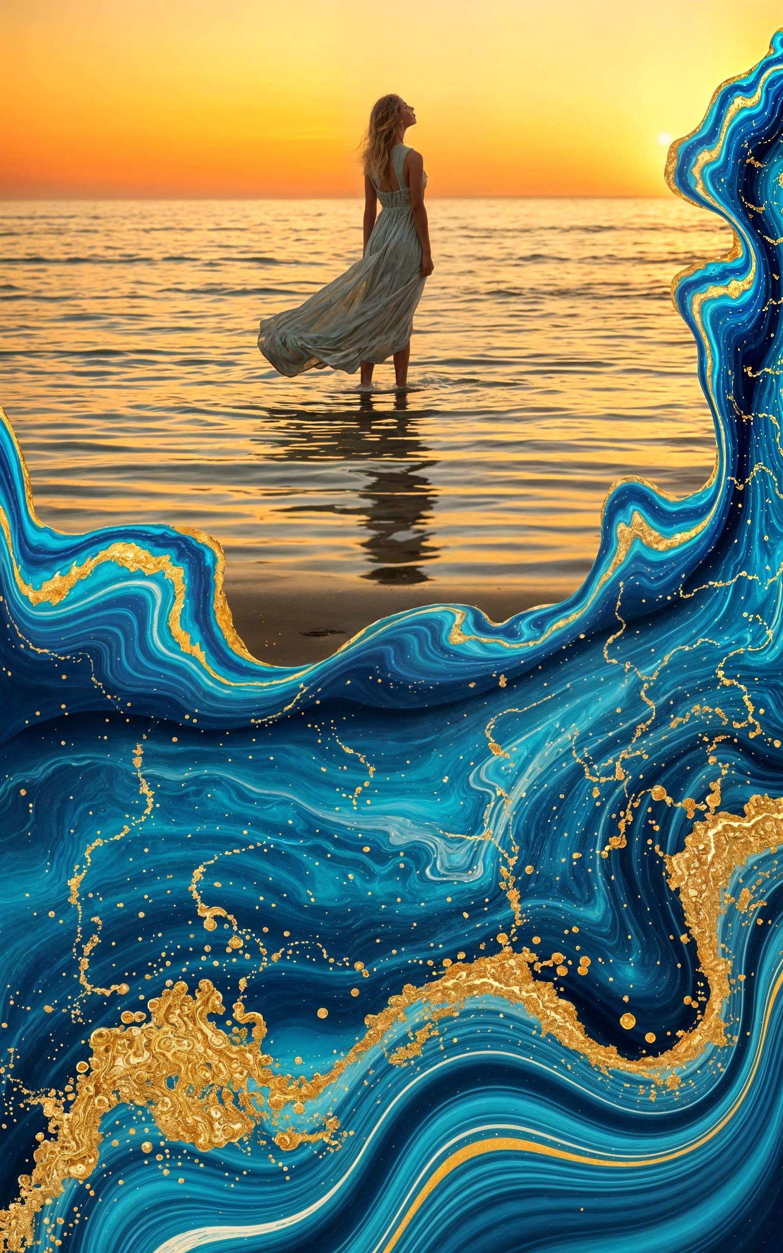 Surreal Sunset Beach with Abstract Marbling Effects