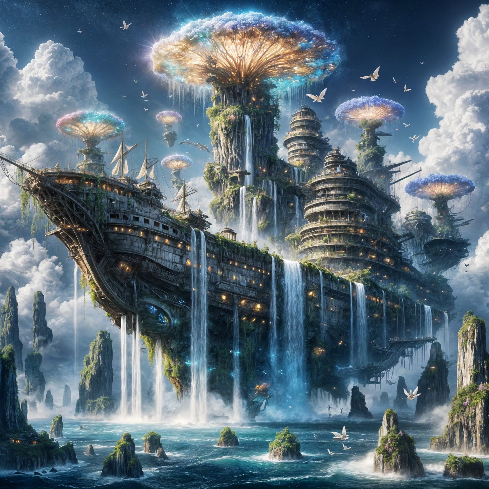 Colossal Aircraft Carrier Island With Waterfalls and Luminou...