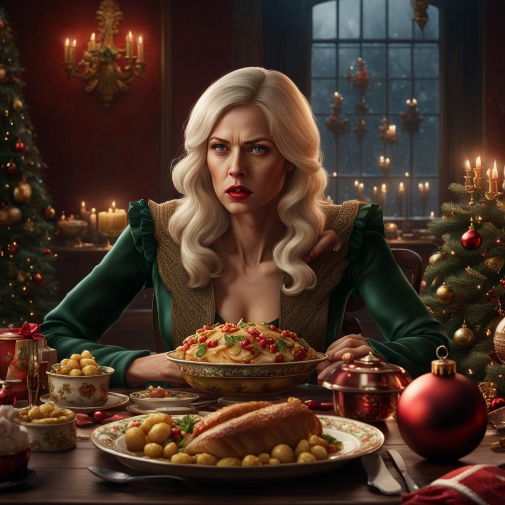 Christmas Meal: Hyperrealistic Woman and Angry Girl