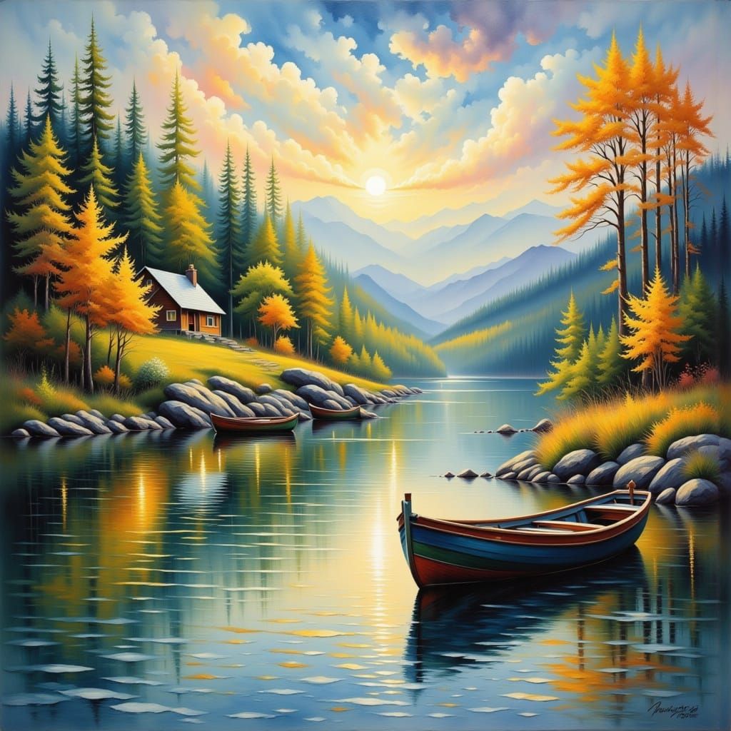 River Life Scene with Boats and Cabin in Wet Watercolor Styl...