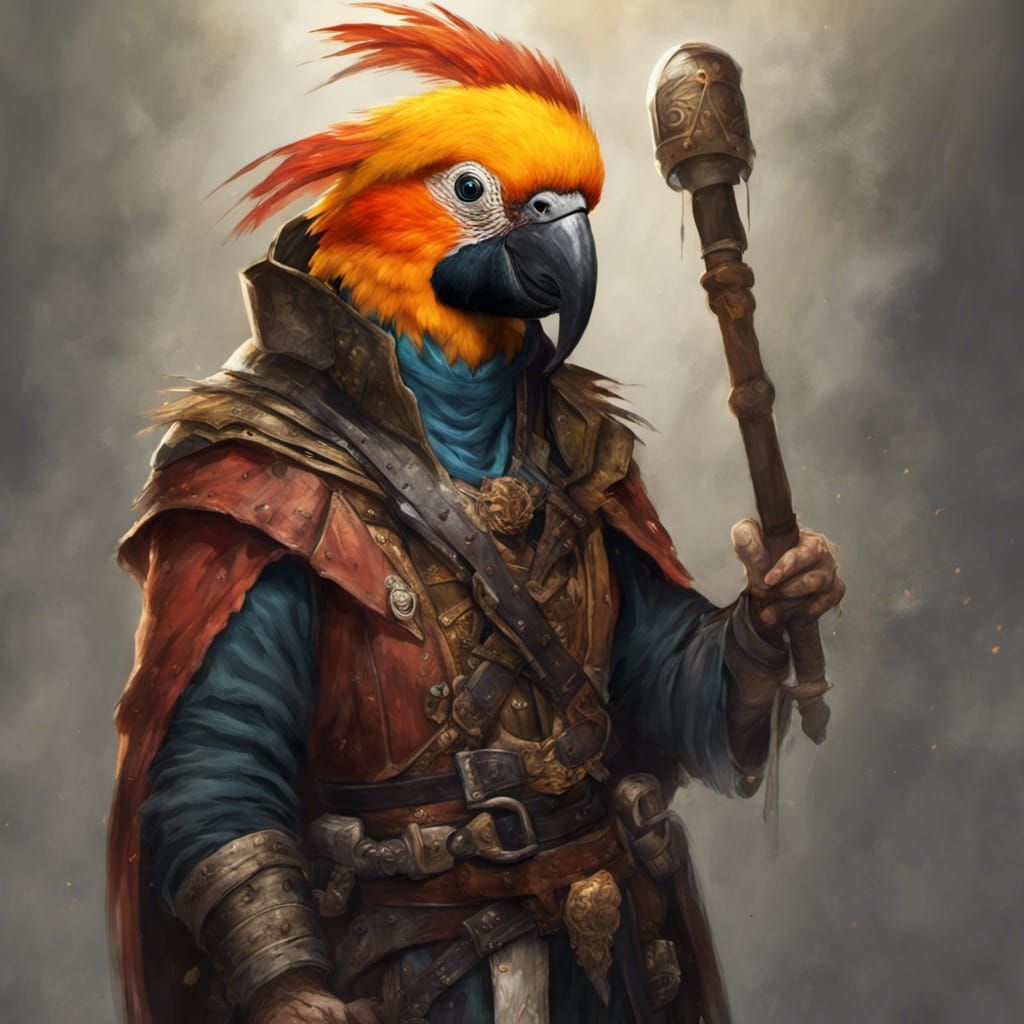 Kenku Sun Conure Swashbuckler in Dark Fantasy Style