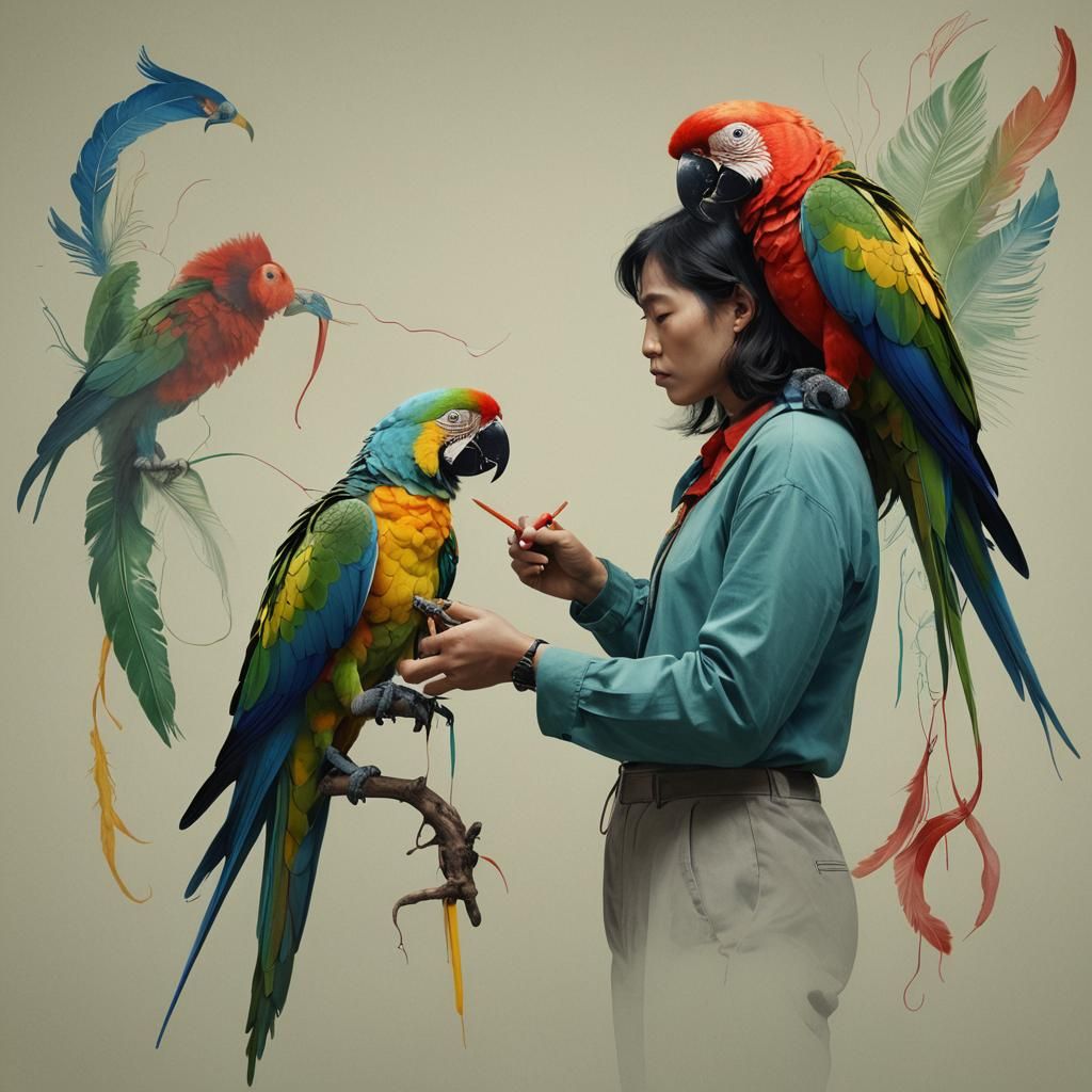 Transparent Figure Strangling Parrot in Minimalist Room