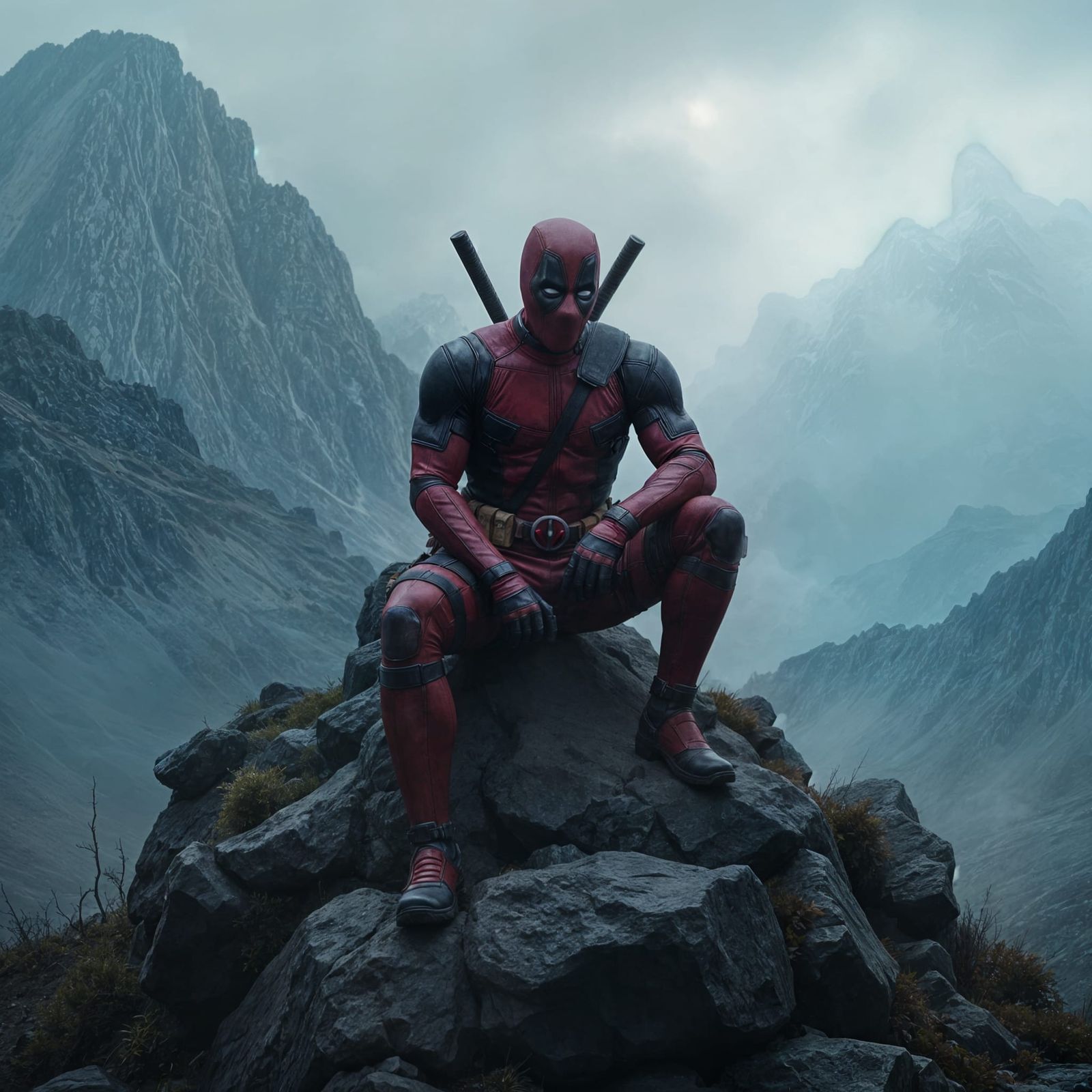 Angry Deadpool on a Dark Mountain Peak