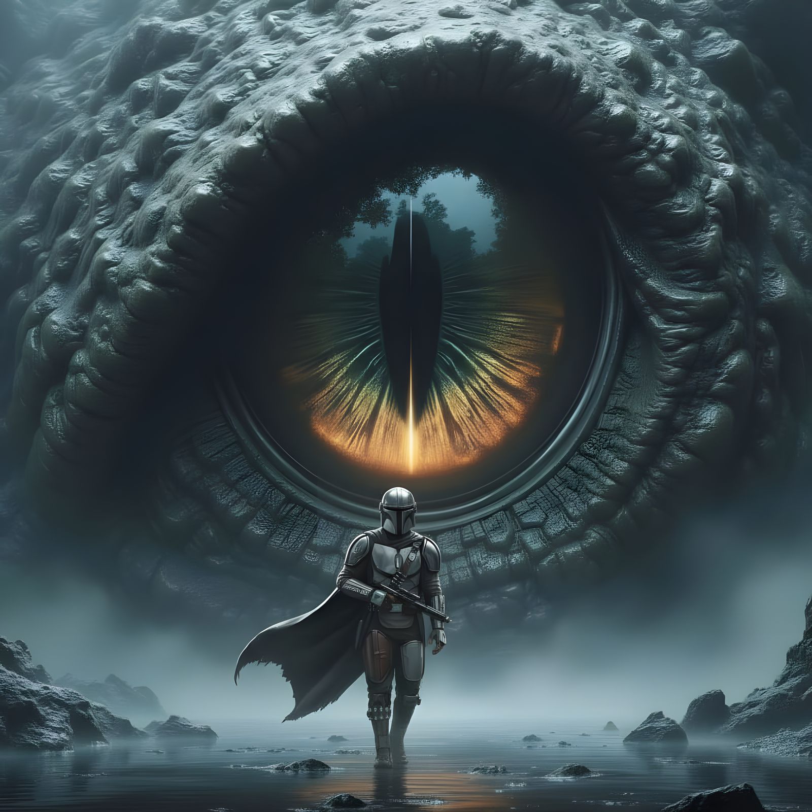 Colossal Reptilian Eye Gazes Upon Solitary Figure