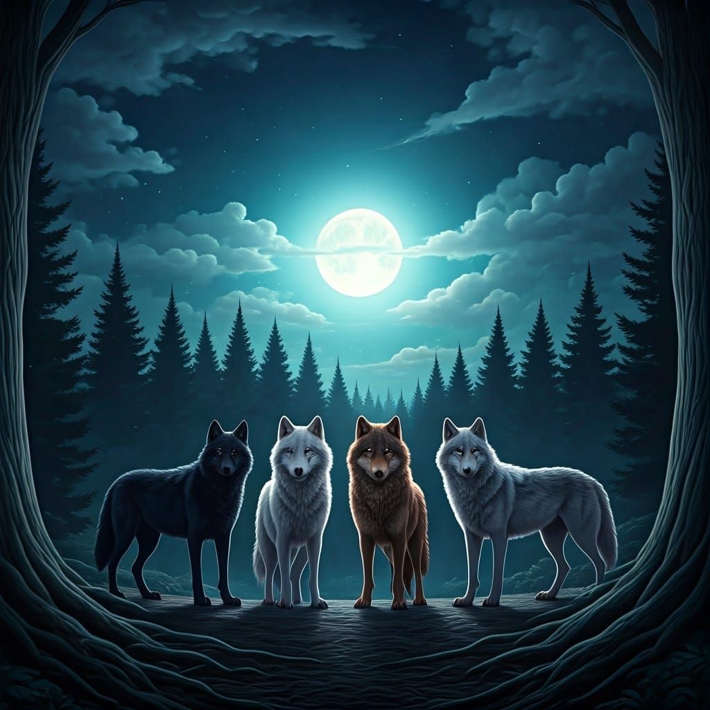 Wolves in Mystical Forest Under Moonlight