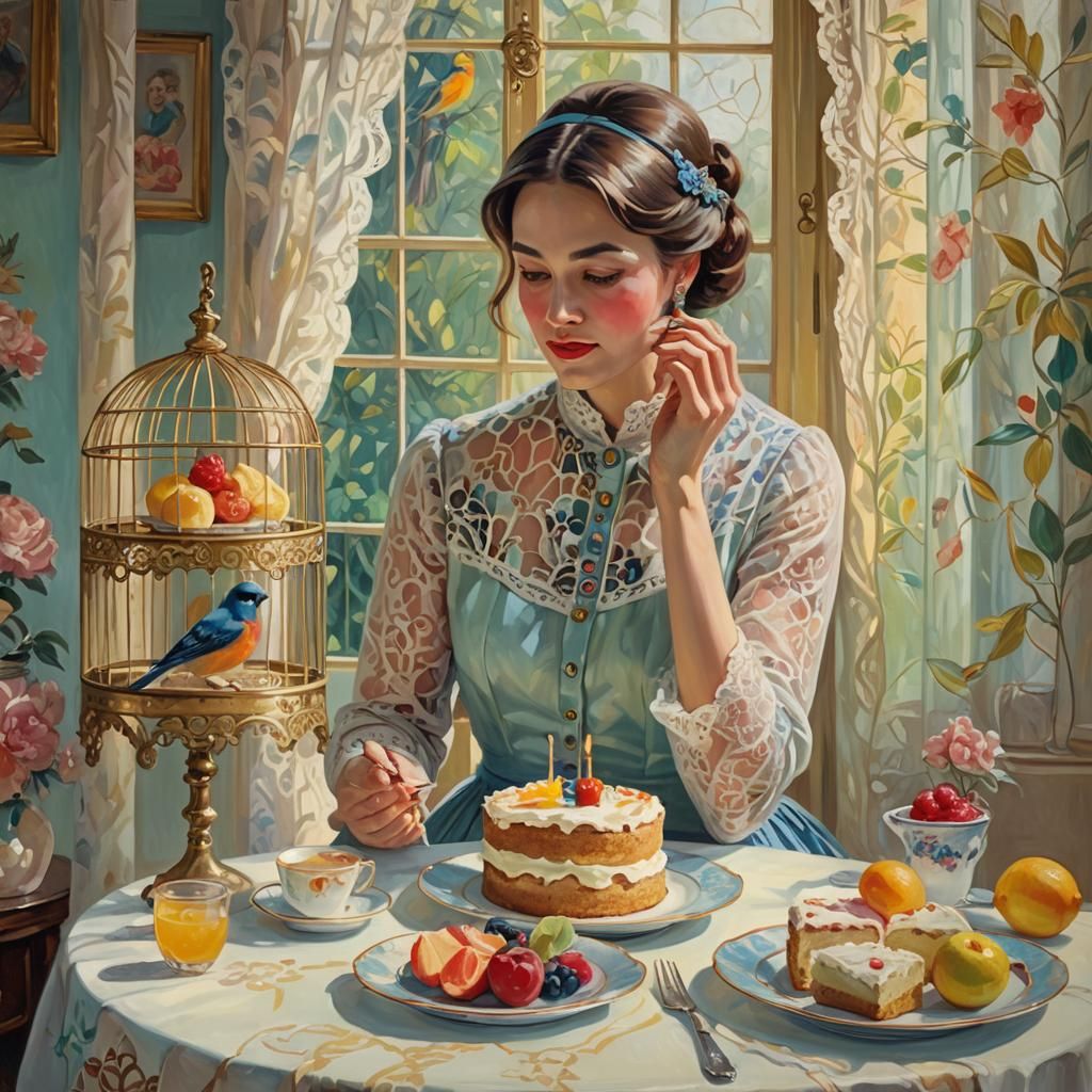 Fauvist Still Life: Woman with Cake and Birdcage