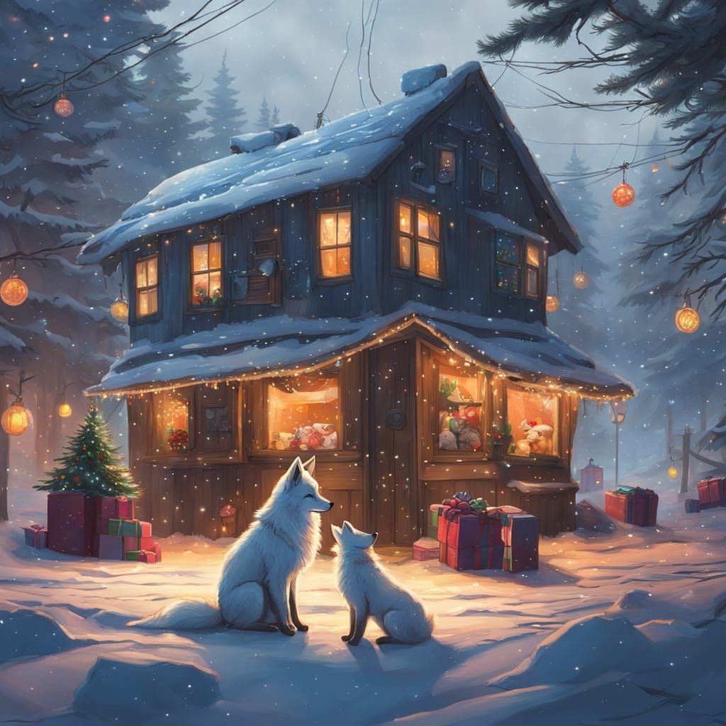 Winter Wonderland Scene: Fluffy Fox and Golden Retriever und...