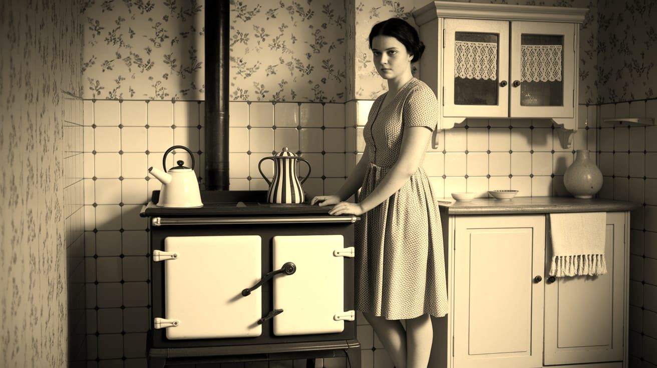 1930s German Kitchen Scene with Young Woman