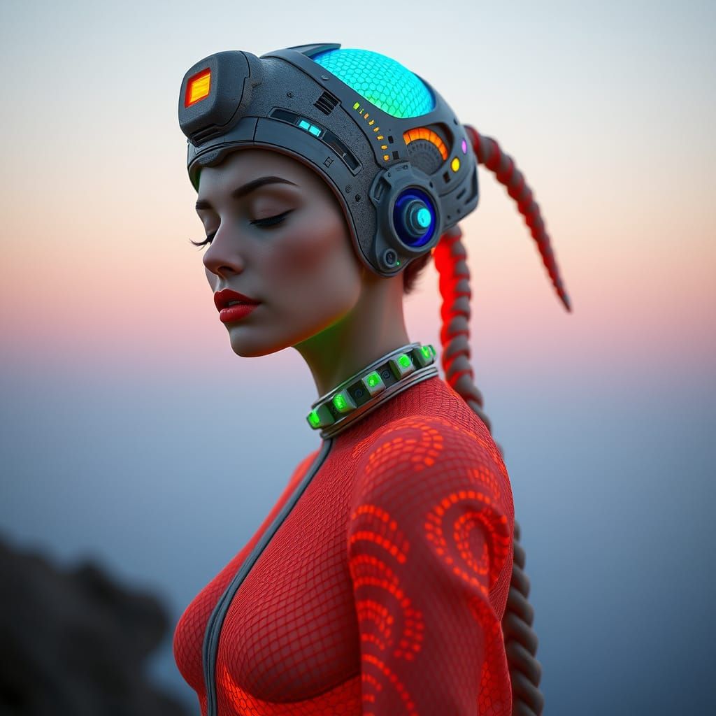Futuristic Woman in Hyper-Realistic Woven Mesh Attire