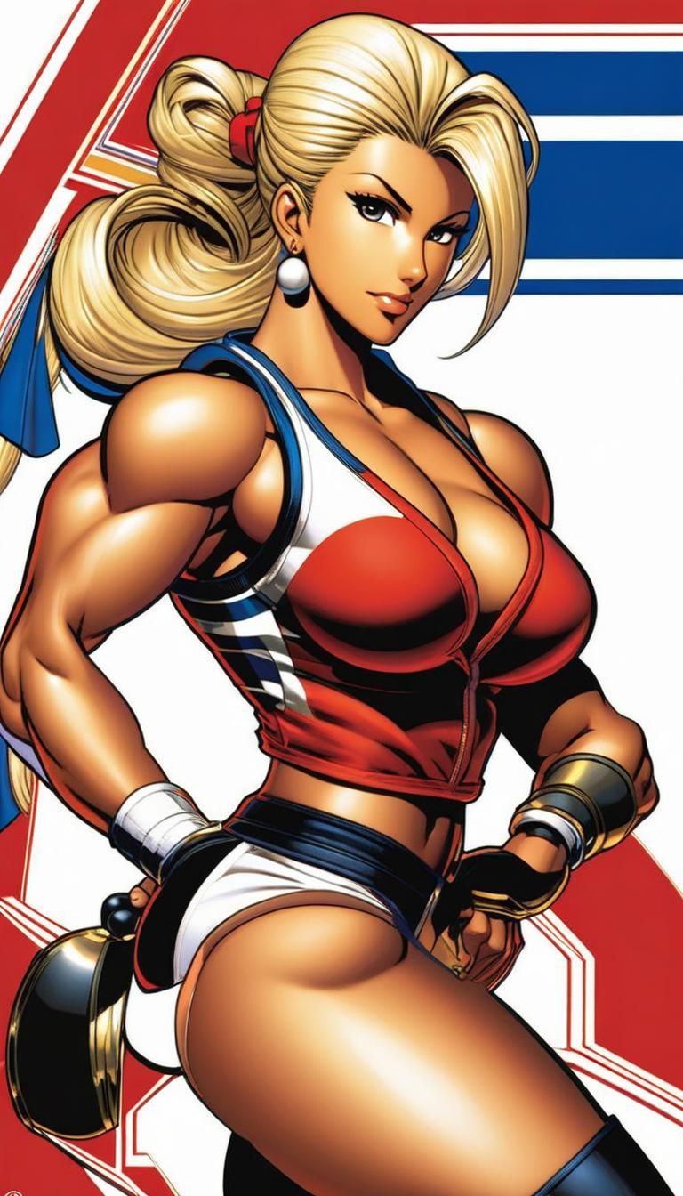 Female bodybuilder(Luisita Leers)as a KOF style Character, Character Design and Illustration by Yoshiaki Yoneshima (米島 義...