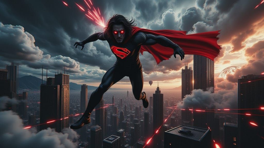 Evil Superman Flies Through Dystopian City