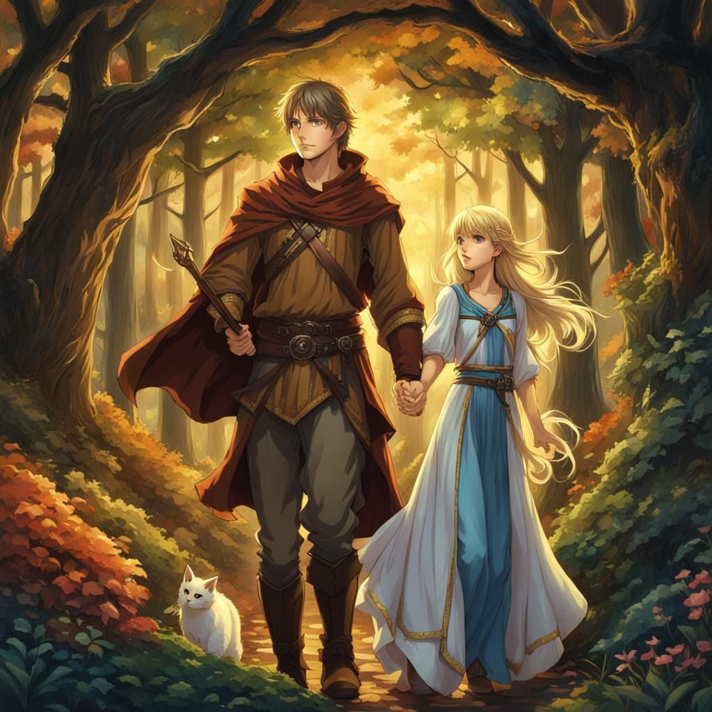 Fantasy Woodsman Guides Princess Through Dark Forest