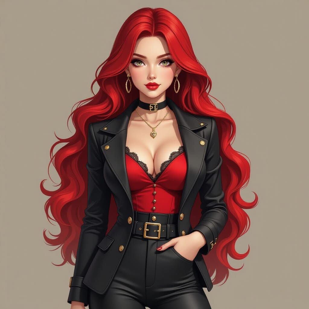 Anime Style Woman with Flowing Red Hair