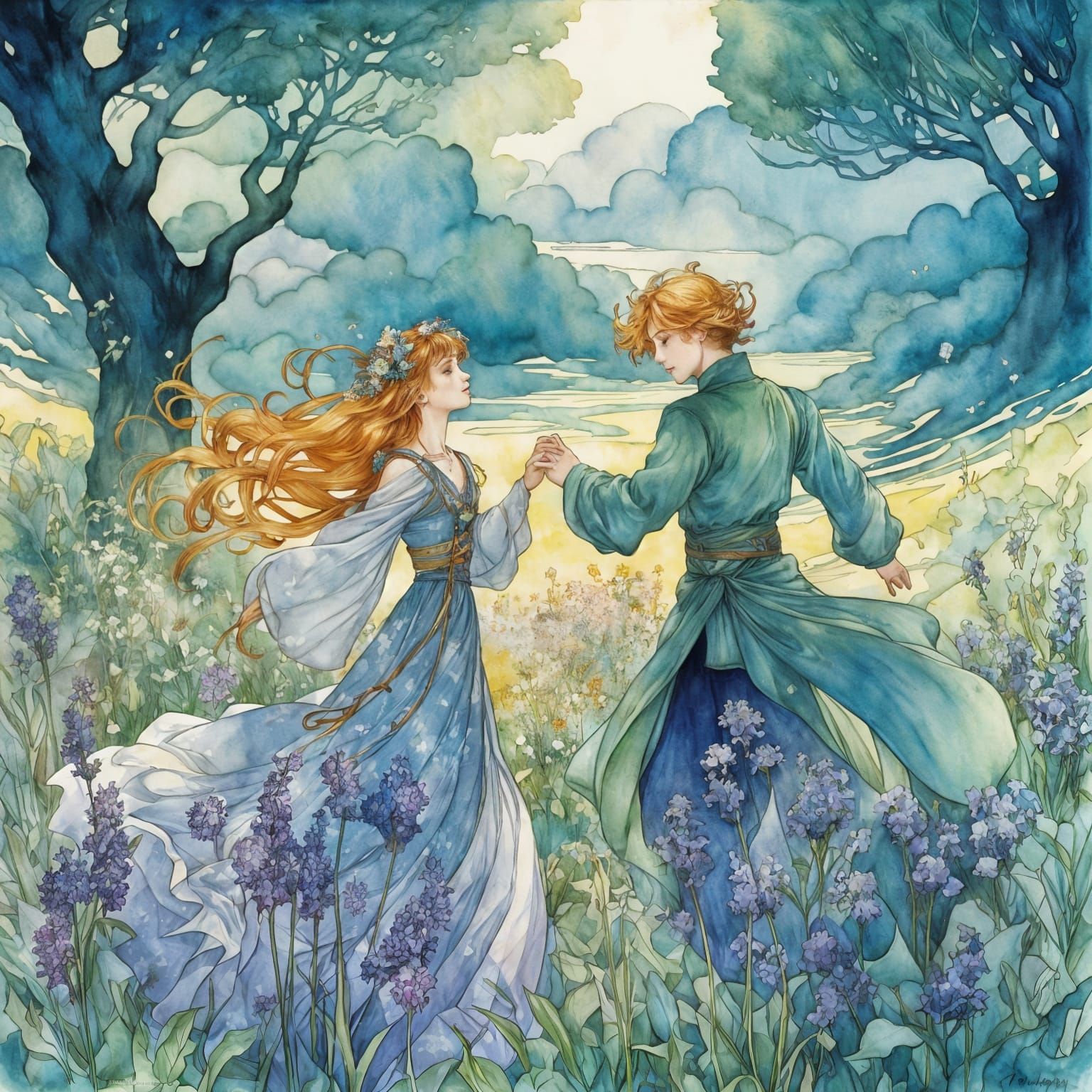 Princess and Prince Dancing: A Whimsical Art Nouveau Illustr...