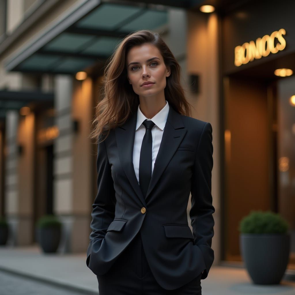 Professional Woman in Business Suit Outside Luxury Hotel
