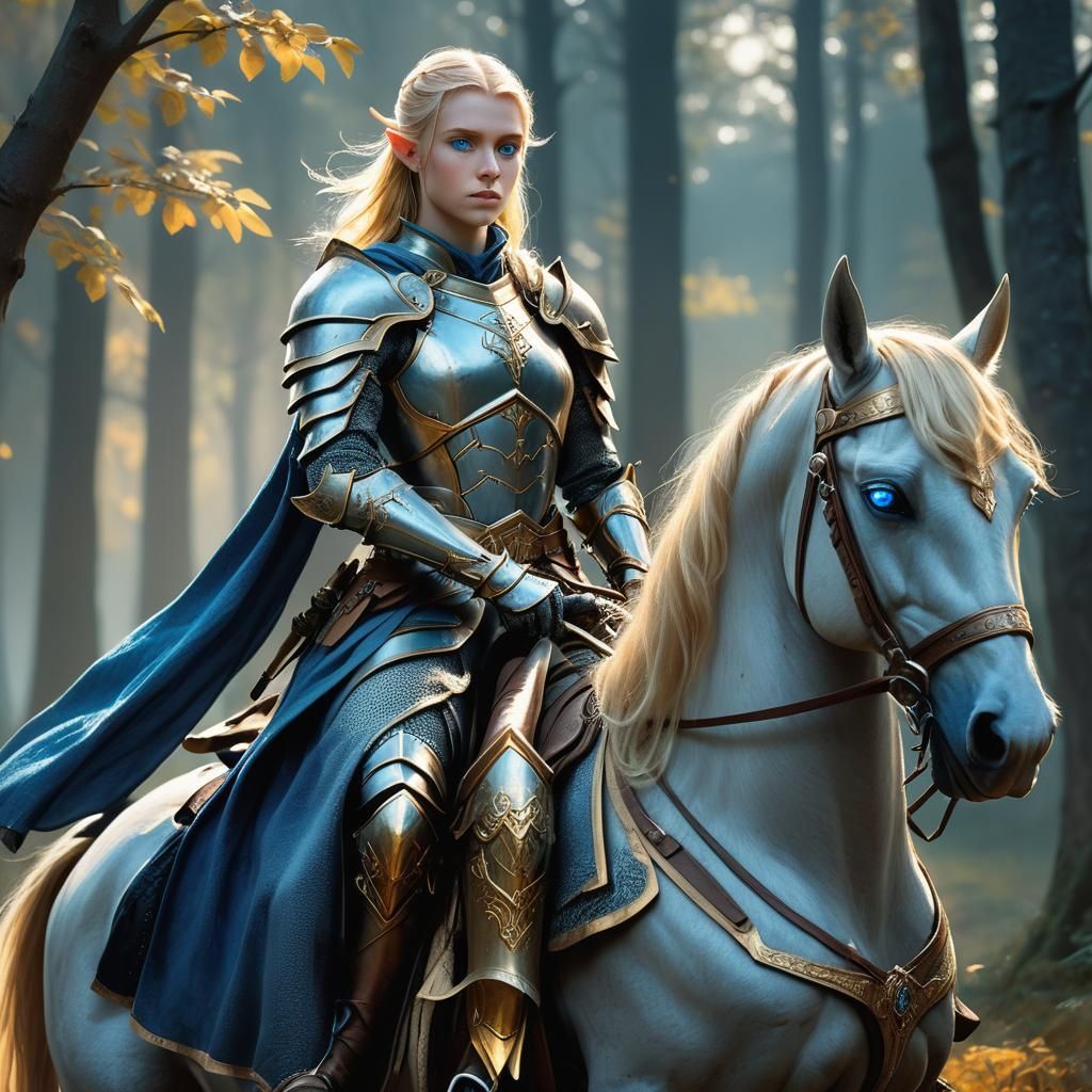Blonde Elf Knight on Horseback: High Fantasy Art