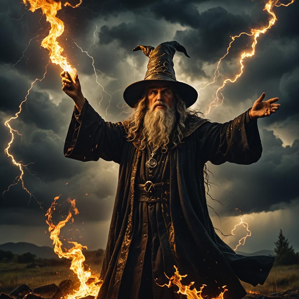Wizard in Thunderstorm with Fiery Blaze