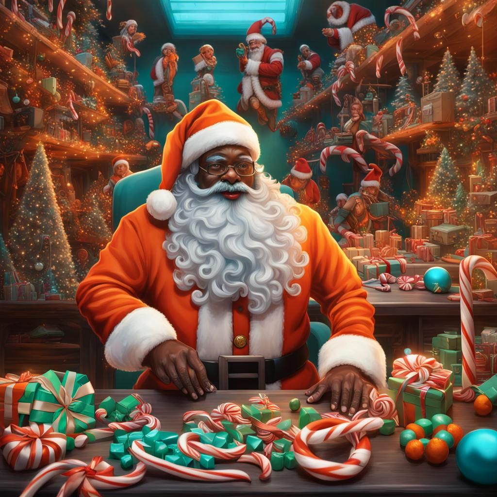 Hyperdetailed Black Santa with Cyborg Elves at North Pole