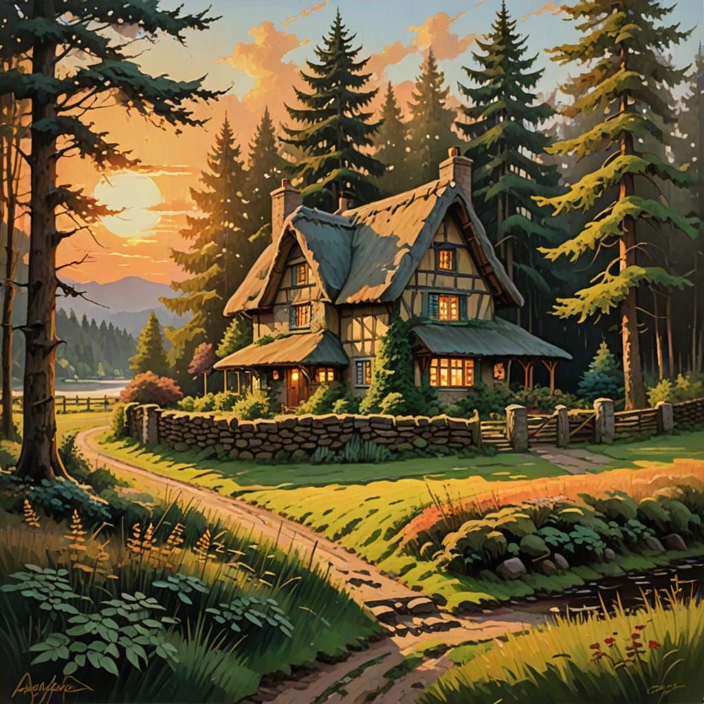 Peaceful Cottage at Sunset in Oil Painting Style