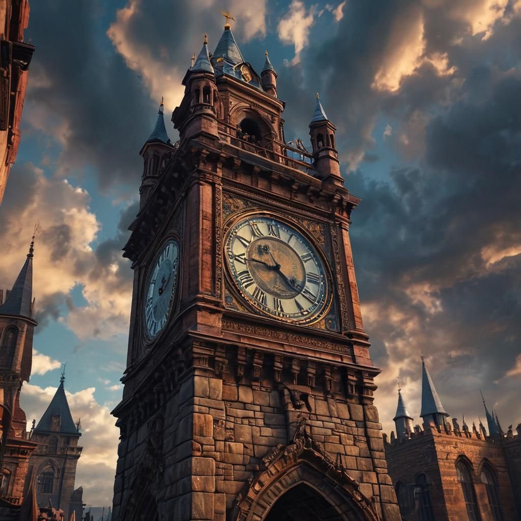 Old City Clock Tower in Fantasy Landscape