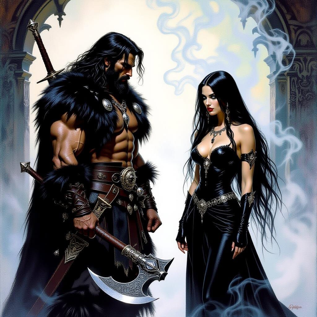 A powerful warrior in rich furs, a sword sheathed on his bac...