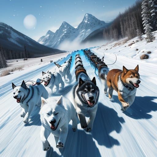 Dogs Pulling Sled Through Snowy Mountains