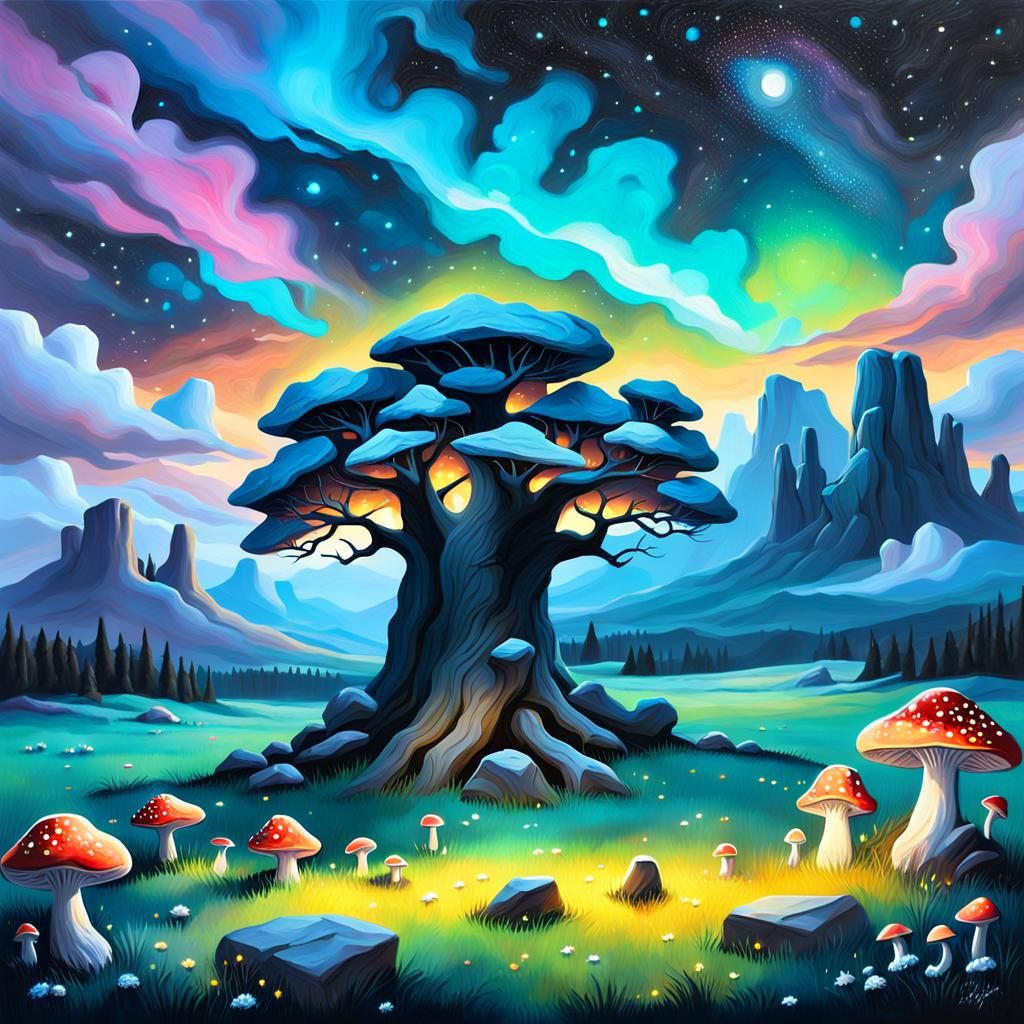 Dreamy Field of Glowing Mushrooms in Digital Art