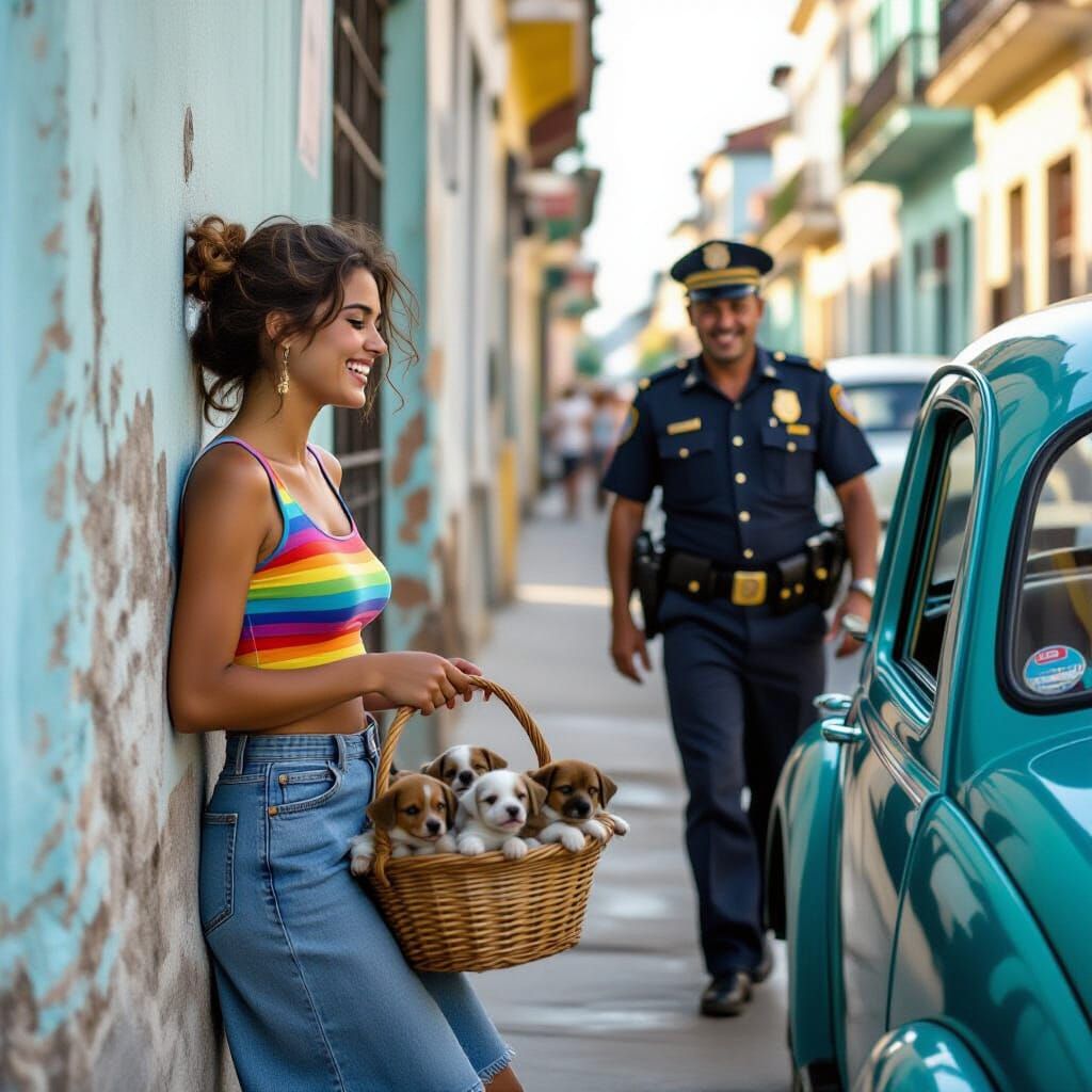 Havana Woman with Puppies in 1970s Sunlight