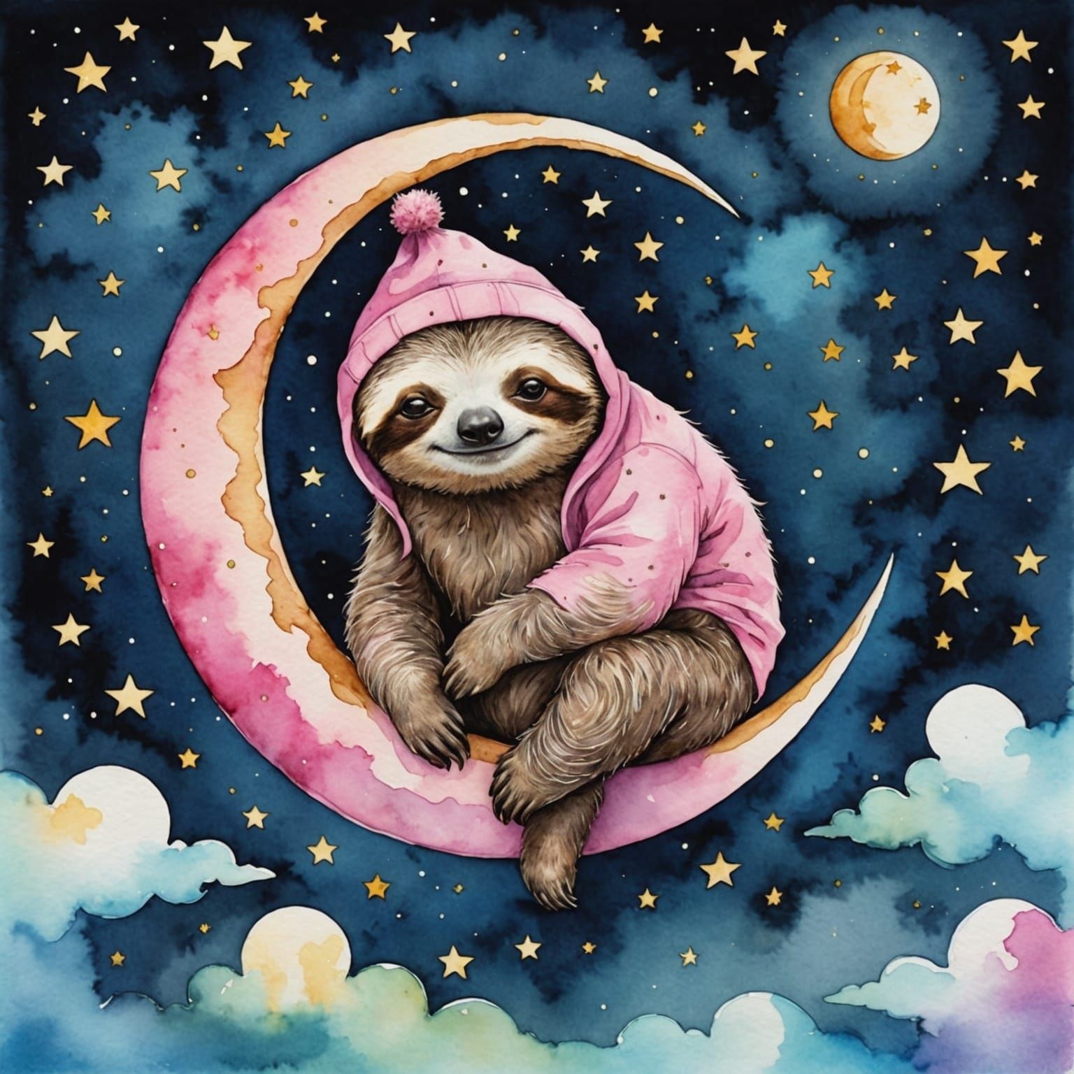 Sleepy Sloth on Moon in Whimsical Alcohol Ink Style