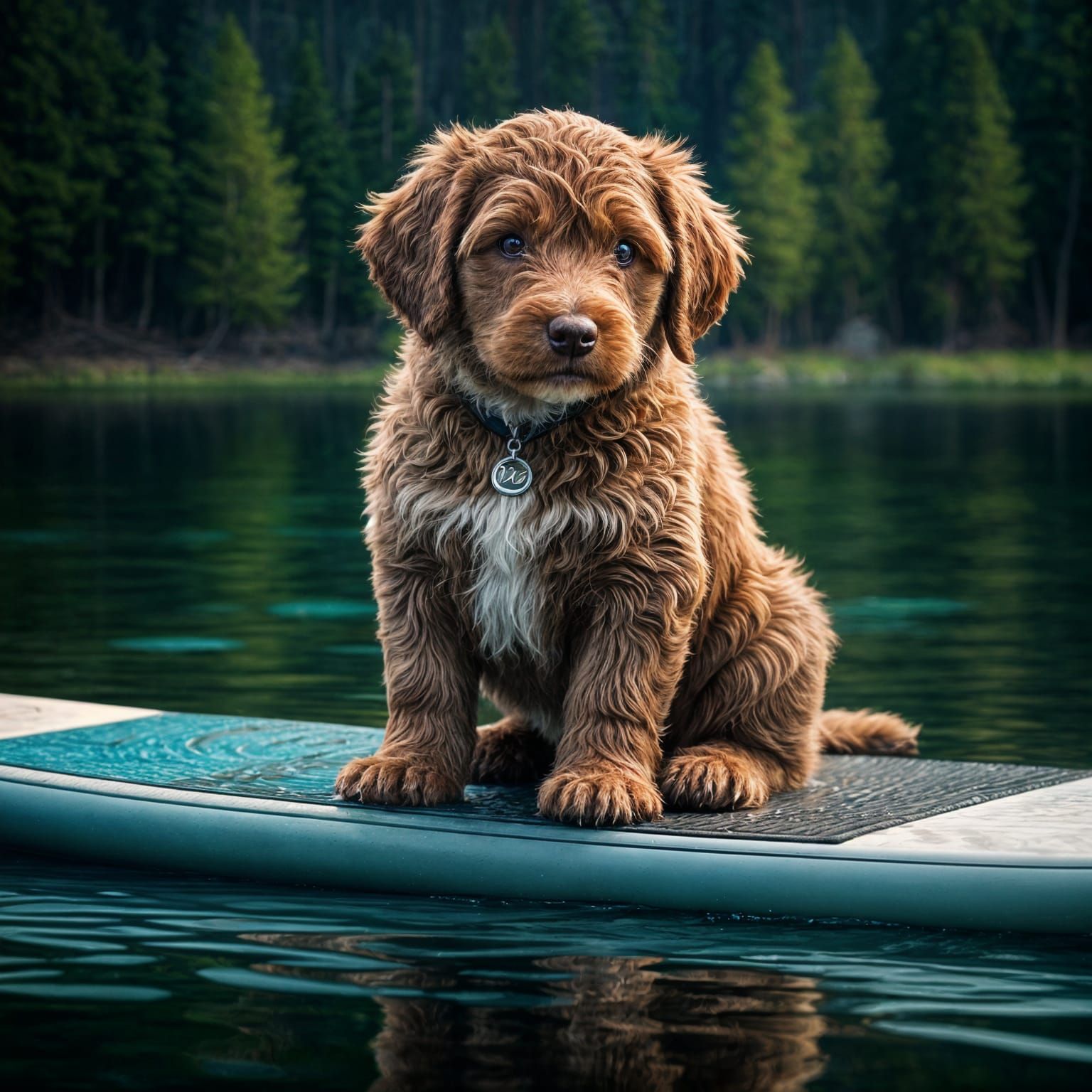 Aussie Doodle Puppy on Paddle Board, Detailed Matte Painting