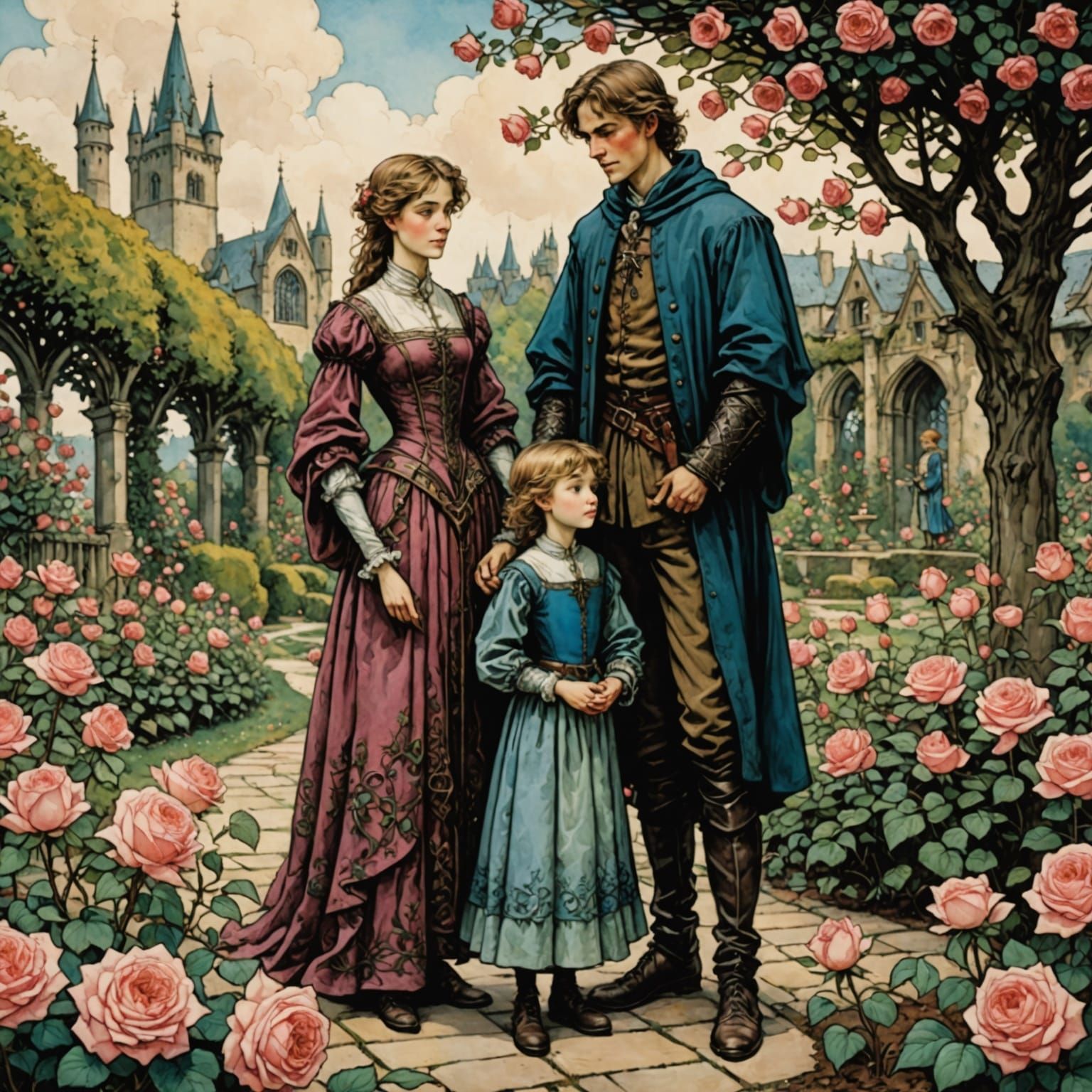 Medieval Family in Rose Garden, Arthur Rackham Style